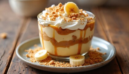 Rich banoffee pudding with whipped cream, caramel, banana slices, and biscuit crumbs is served in a glass. Dessert sits on a rustic wooden table, creating a warm inviting food presentation.