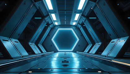 Futuristic sci-fi corridor with neon hexagon portal and glowing lights