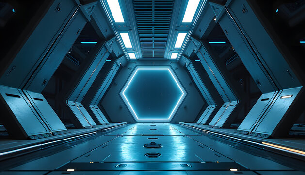 Futuristic sci-fi corridor with neon hexagon portal and glowing lights