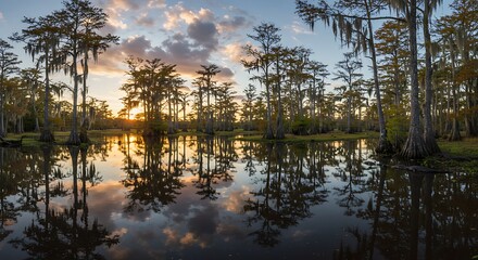 Panoramic view of a swamp at sunset, trees reflected in still water, under a clouded sky