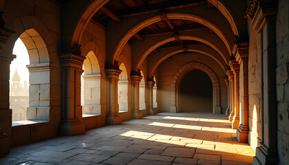 Sunlit medieval arched corridor with stone columns and a view