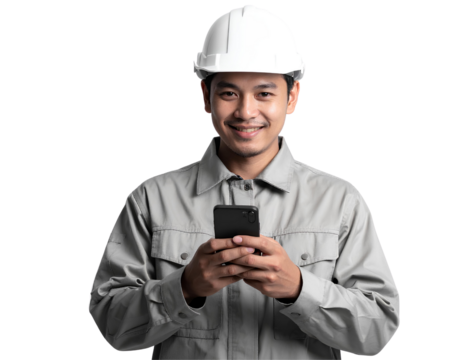 Cheerful man in work uniform texting on smartphone, isolated on transparent background, PNG 