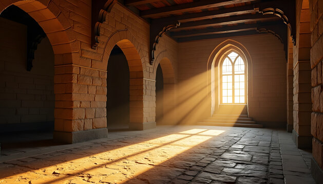 sunlit interior of an ancient stone building with arched doorways and a large window - Powered by Adobe