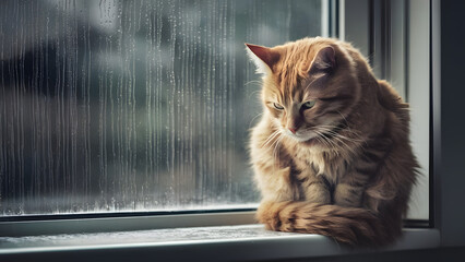 Fluffy ginger cat sits on a windowsill looking out at the rain falling on the windowpane