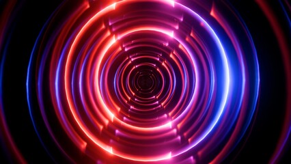 Abstract Neon Tunnel Background, Glowing Red and Blue Rings Creating a Futuristic Cyber Space Vortex