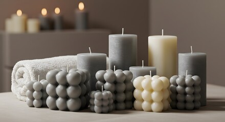 Various candles and a rolled towel arranged on a surface with soft lighting