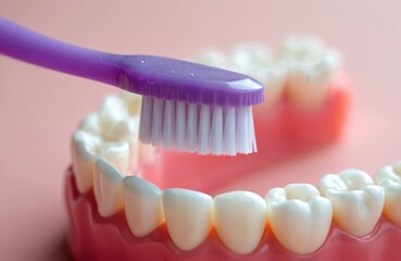 Obraz premium Close up photo shows teeth brushing process. Purple toothbrush cleans artificial denture teeth. Dental care concept. Pink background. Healthy smile, oral hygiene.