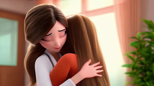 Animated characters embrace affectionate scene tender moment