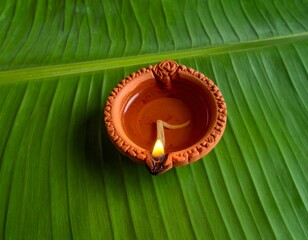 A traditional lit clay oil lamp (diya) rests on a vibrant green banana leaf, symbolizing peace and