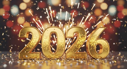 Shimmering golden numerals announce the arrival of twenty twenty six, amidst sparkling confetti, joy.