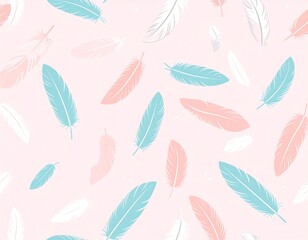 Pastel-colored feathers of blue, pink, and white scattered across a light pink background