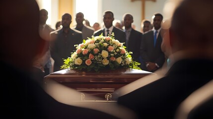 A touching farewell unfolds as mourners gather, paying their respects in a moment of quiet reflection.