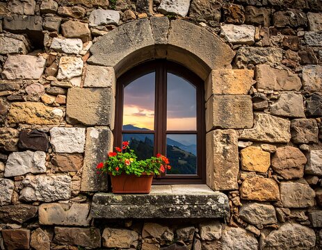 Rustic stone wall features a window with potted red flowers and a mountain sunset view reflected in the glass
