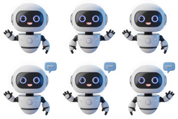 Cute robot character waving and talking, 3d render isolated on transparent background