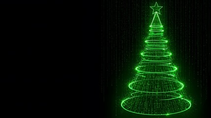 A luminous, neon green Christmas tree constructed from glowing rings amidst a digital rain effect.