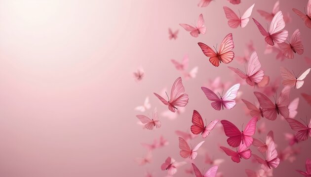 Numerous pink butterflies float gracefully against a soft rose background. The swarm creates a sense of movement and delicate beauty. This image evokes feelings of serenity and whimsical fantasy.