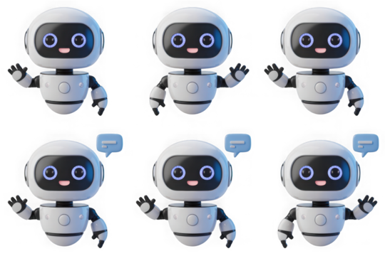 Cute robot character waving and talking, 3d render isolated on transparent background