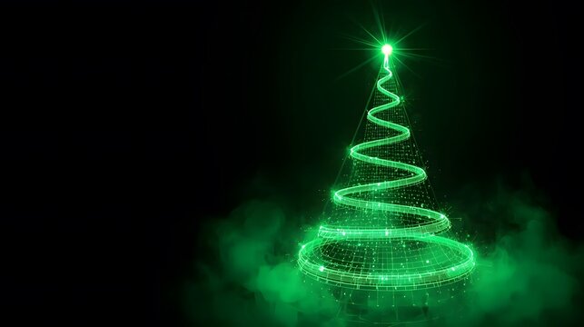 A radiant emerald Christmas tree illuminates the darkness, its bright glow creating a magical ambiance.