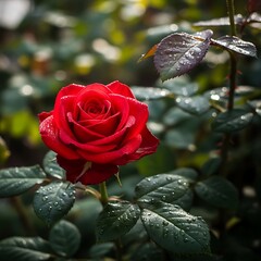 Vibrant Red Rose with Dew Drops in Lush Garden Setting.