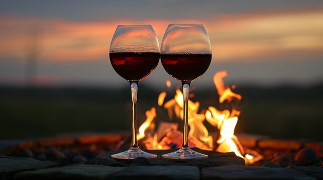 Two glasses of red wine set beside a warm firepit, creating a cozy atmosphere after sunset