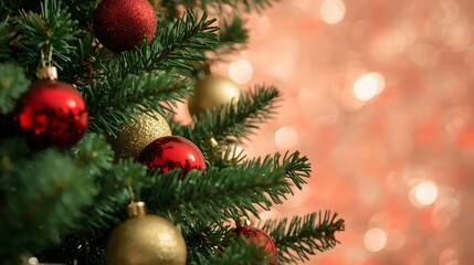 Obraz premium Adorned Evergreen A Holiday Tree Sparkling with Festive Red and Gold Ornaments, a Timeless Scene.