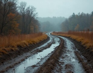 Muddy country road with water puddles winds through dry golden autumn field. Tall forest trees with bare branches, few yellow leaves stand under hazy overcast sky. Remote path leads into misty