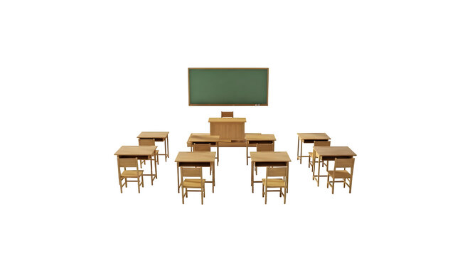 Classroom with wood desks and green chalkboard presents academic setting for school posters, educational branding.