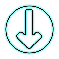 Glowing cyan neon arrow pointing down inside a circle isolated on transparent background
