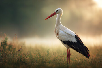 Obraz premium Majestic stork standing in a sunlit meadow with soft morning mist