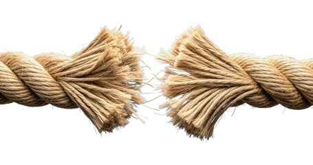 Danger Concept: Thick Frayed Natural Rope About to Snap Isolated on White Background