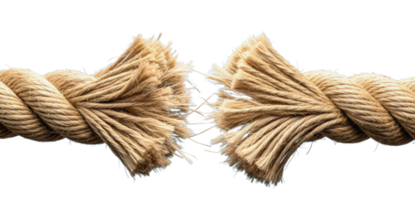 Danger Concept: Thick Frayed Natural Rope About to Snap Isolated on White Background