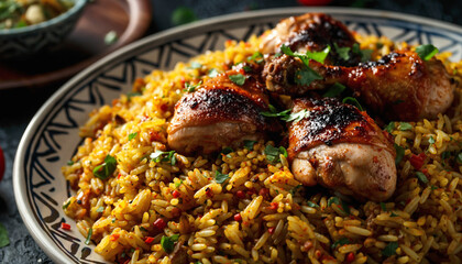 Close-up of a plate filled with flavorful rice and three pieces of roasted chicken, garnished with fresh herbs, presented on a decorative plate.