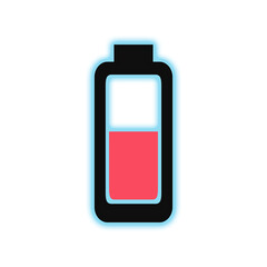 Low battery icon with neon blue outline and red charge level isolated on transparent background