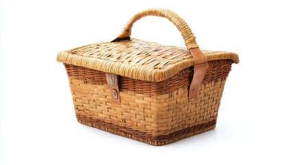 A detailed close up of an elegant handwoven picnic basket