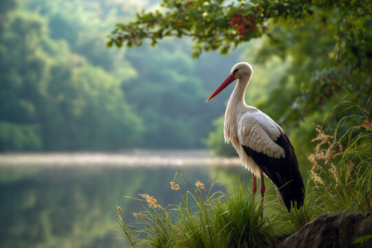 Stork resting at the edge of a calm lake surrounded by greenery