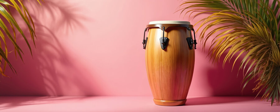 Musical drum stands near palm leaves. Percussion instrument on pink studio background. Wood conga art design. Celebration party culture. Summer rythm sound beat. Tropical leaf plant photo. Latin