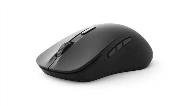 A matte black wireless computer mouse on a white backdrop