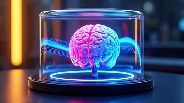 Brain in glass dome with neon lights