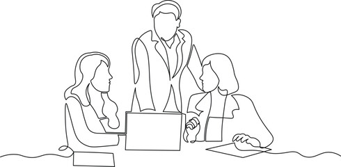 Business Team Discussion Around Laptop. Continuous Line Illustration of Collaboration, Meeting, and Professional Communication