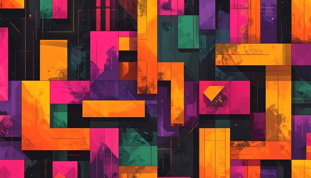 Abstract digital art with a geometric composition of colorful rectangles and squares, rich hues
