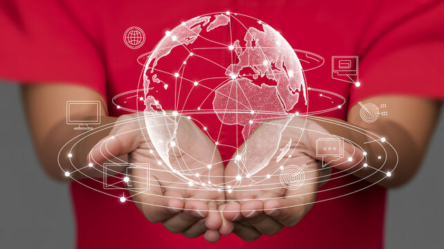 Hands holding glowing digital earth with network lines and icons.