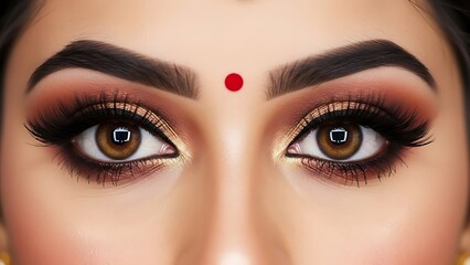 Naklejka premium Indian woman's striking eyes with bindi and elaborate makeup