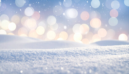 Extreme Macro Shot of Pristine White Snow Surface with Soft Bokeh Lights and Falling Snow, Creating a Dreamy Winter Background Texture