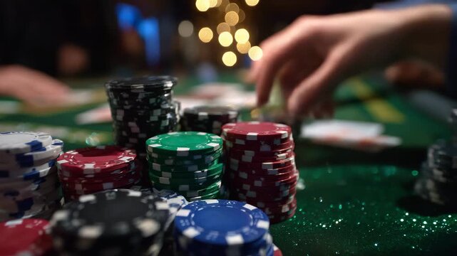 2Cinematic table-level view of multiple players reaching for chips, cards in mid-deal, vibrant green felt providing depth and contrast to colorful stacks