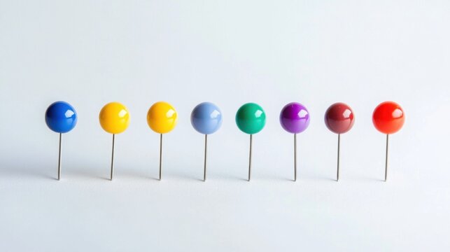 Colorful pushpins neatly arranged on a bright white background