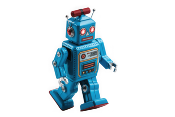 Retro blue wind-up robot toy walking isolated on black isolated on transparent background