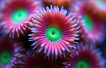 Fototapeta premium Macro view of vibrant pink, green coral polyps in tropical reef aquarium tank. Delicate tentacles open, displaying bright vivid colors. Small marine animal colony thrives underwater. Intricate sea