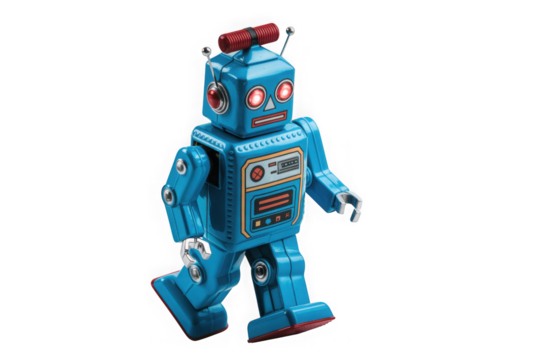 Retro blue wind-up robot toy walking isolated on black isolated on transparent background