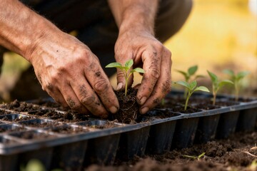 Close-up of a gardener's dirty hands carefully transplanting a small green seedling from a propagation tray into the soil.