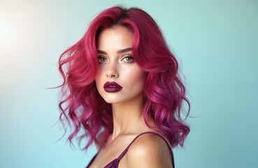 Beautiful woman with dyed pink hair, glam makeup. Fashion model vibrant magenta hairstyle with elegant waves. Attractive girl with perfect skin, bold lipstick poses for beauty portrait in studio on